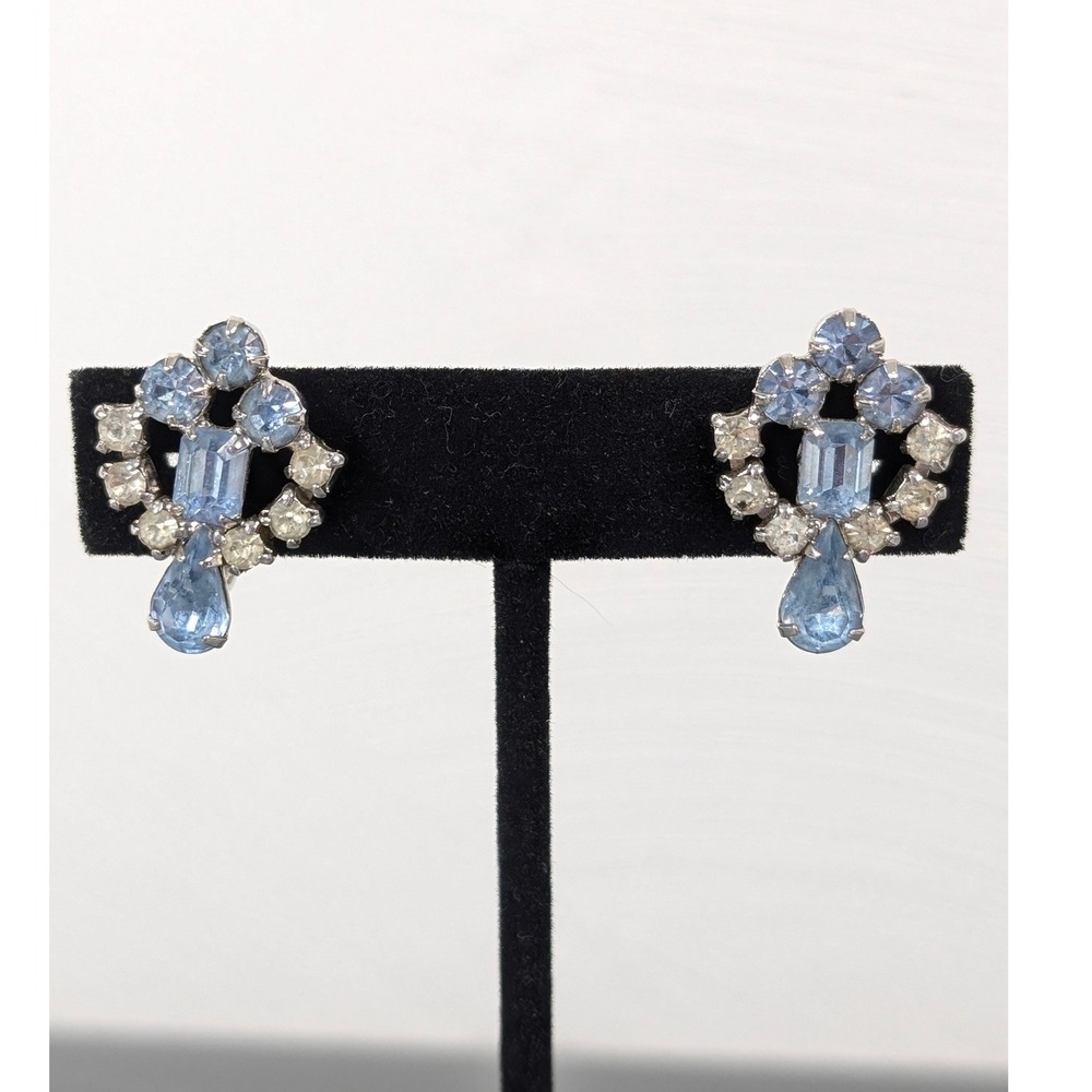 Vintage Blue & Clear Rhinestone‎ Screw Back Earrings Silver Tone